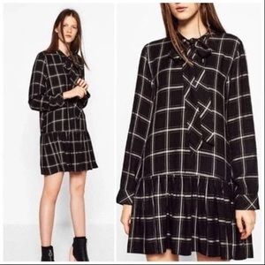 Zara Black and White Plaid Drop Waist Long Sleeve Dress with Tie Size S